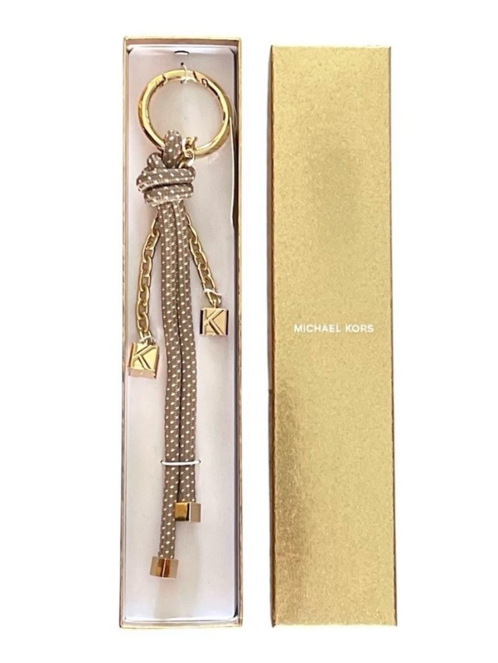 Michael Kors MK Speckled Cord Bag Charm Key Ring Husk Gold Tone NEW